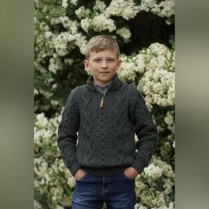Vintage Aran Crafts Boy's Irish New Cable Knitted Merino Wool Half Zip Sweater